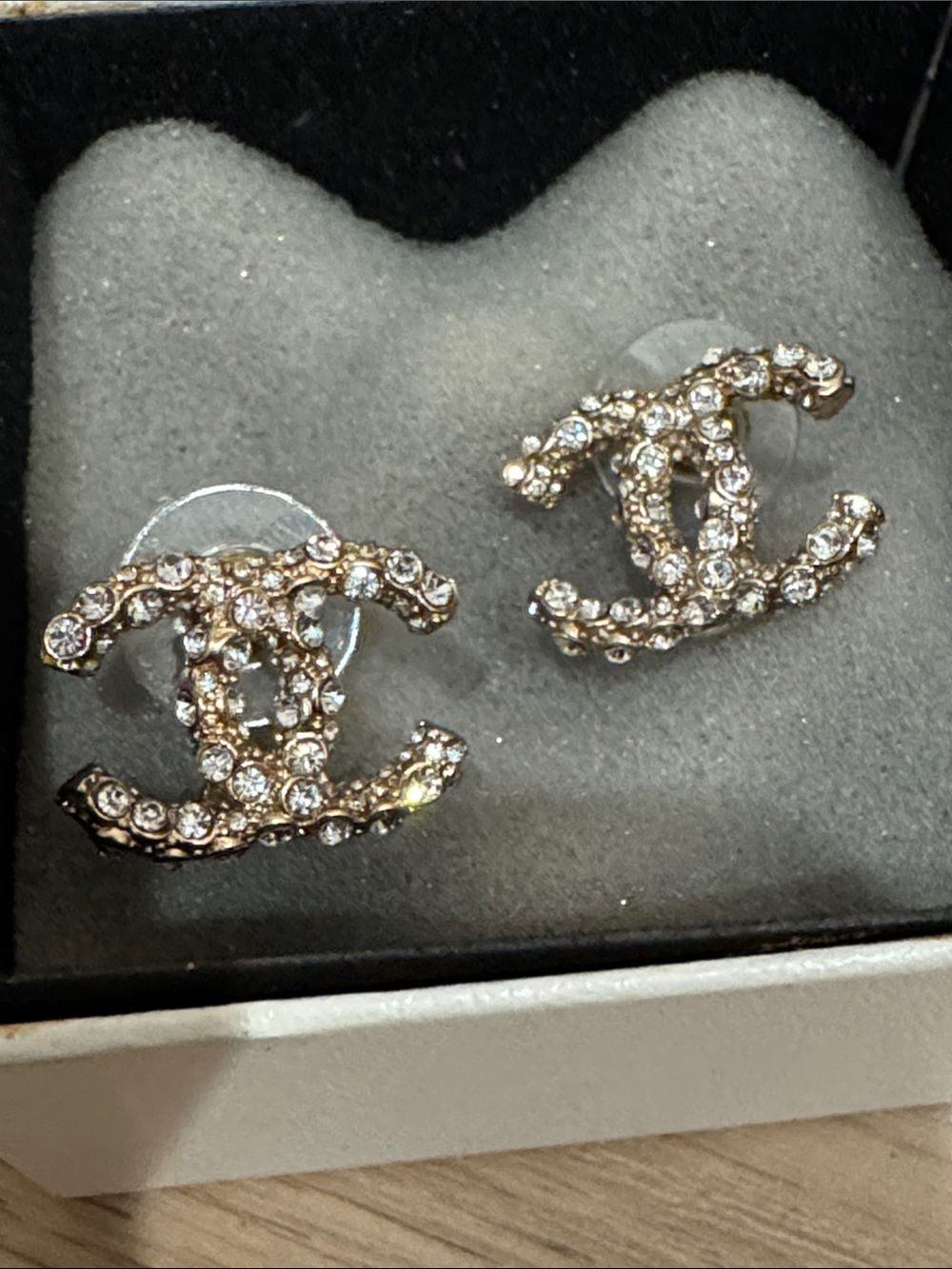 CHANEL Crystal CC Logo Stud Earrings - Gold Tone with Clear Stones